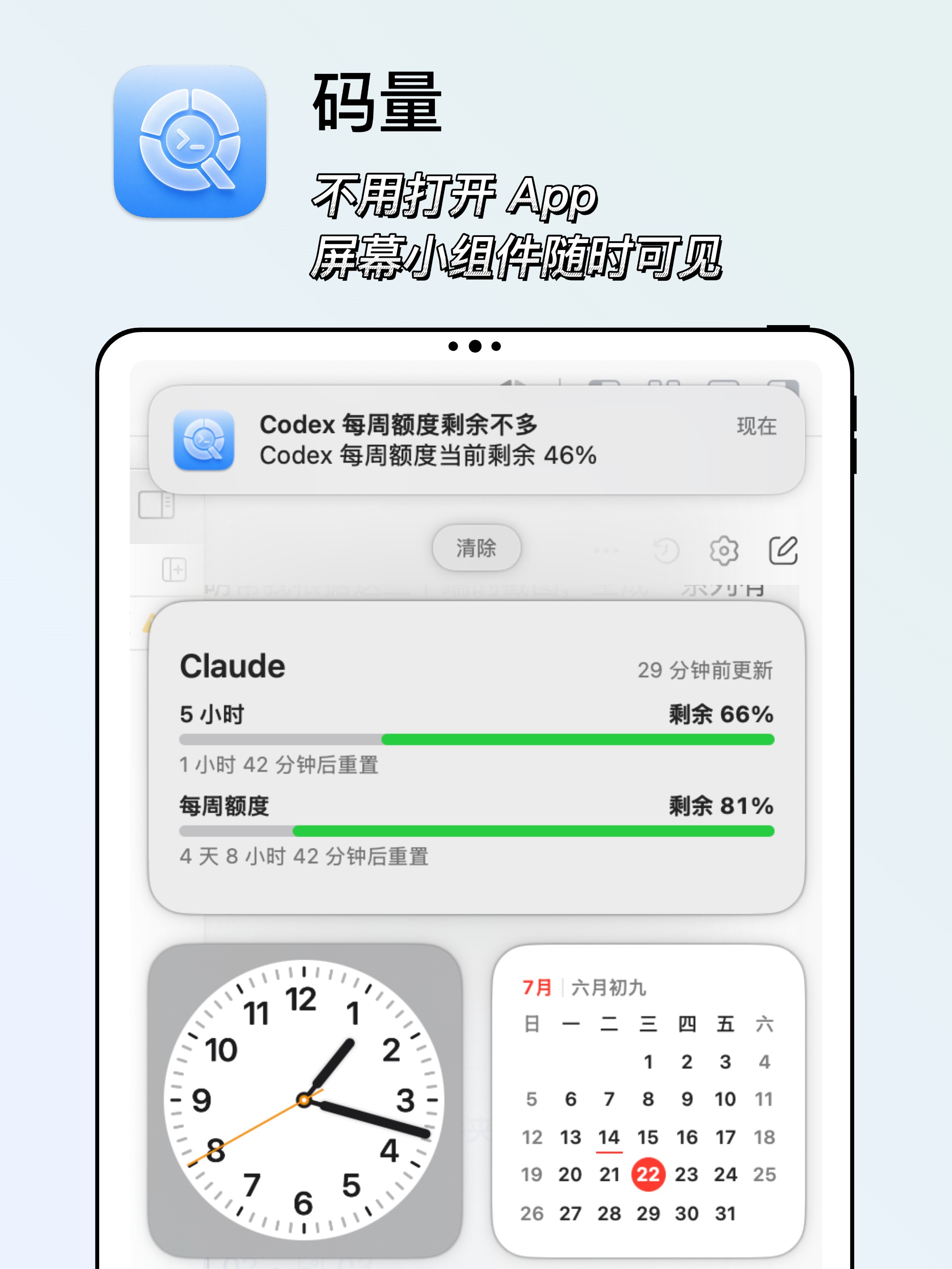 iPad 通知中心与小组件视图中的码量额度信息