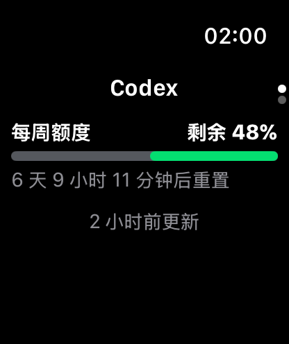 Apple Watch 第一页：Codex 每周额度剩余 48%，显示重置倒计时与更新时间